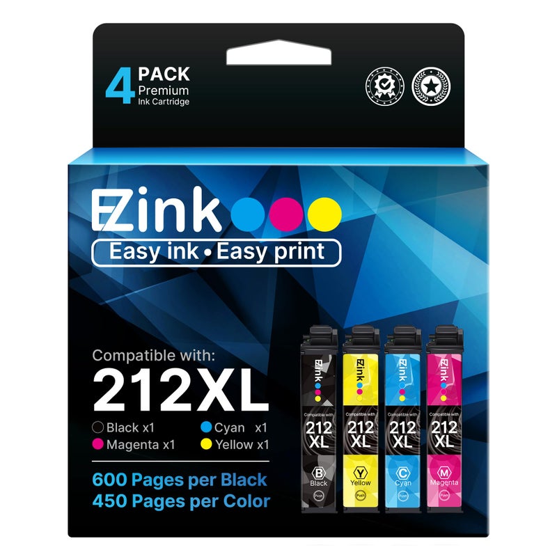 E-Z Ink 212XL Ink Cartridges High Capacity Remanufactured for Epson 212 XL 212XL T212 Combo Pack to Use with Espon XP-4100 XP-4105 WF-2850 WF-2830 (1 Black 1 Cyan 1 Magenta 1 Yellow, 4 Pack) - Image 1